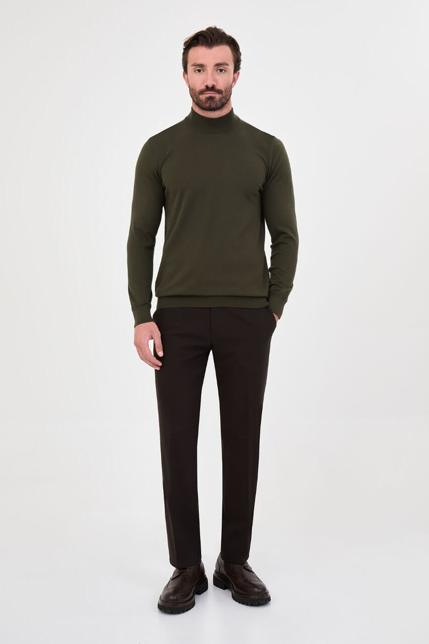 Men's khaki mock neck cashmere blend knit sweater slim fit pullover for fall winter smart casual style
