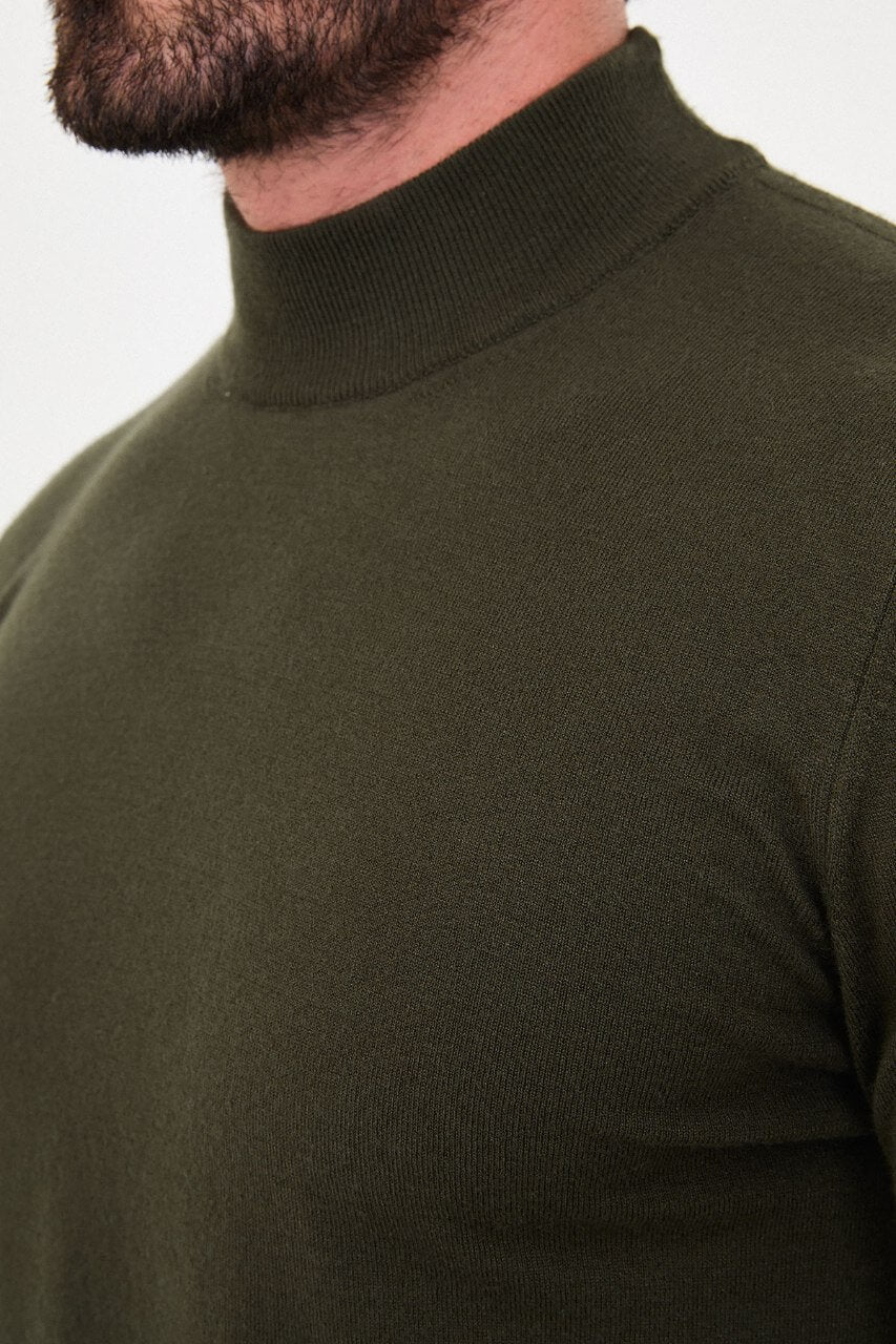 Men's khaki mock neck cashmere blend knit sweater slim fit pullover for fall winter smart casual style