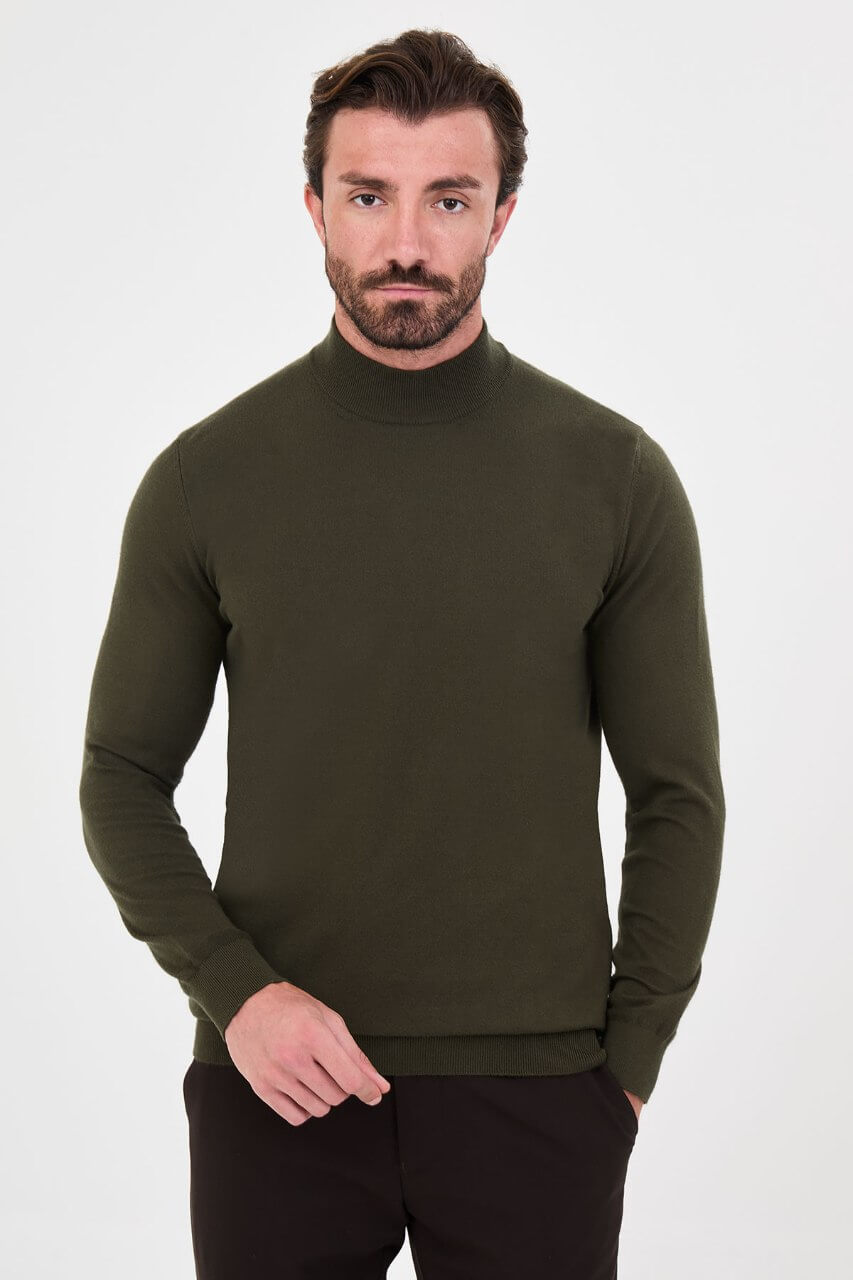 Men's khaki mock neck cashmere blend knit sweater slim fit pullover for fall winter smart casual style
