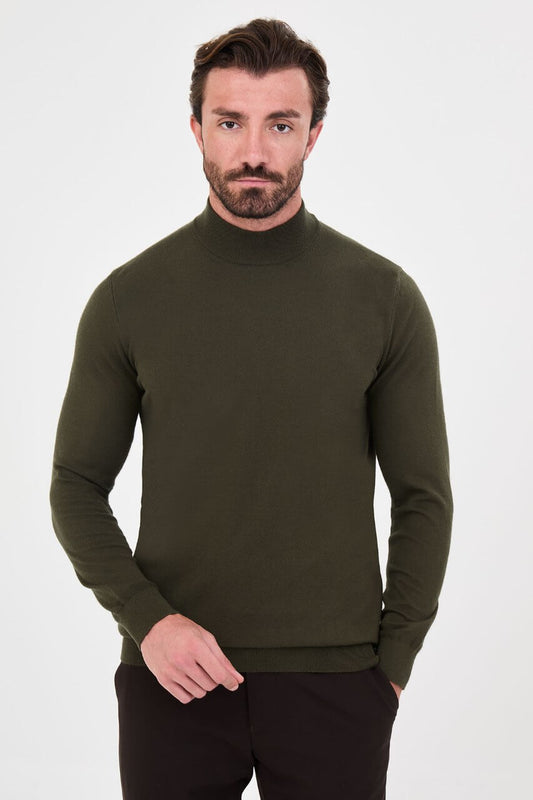 Men's khaki mock neck cashmere blend knit sweater slim fit pullover for fall winter smart casual style