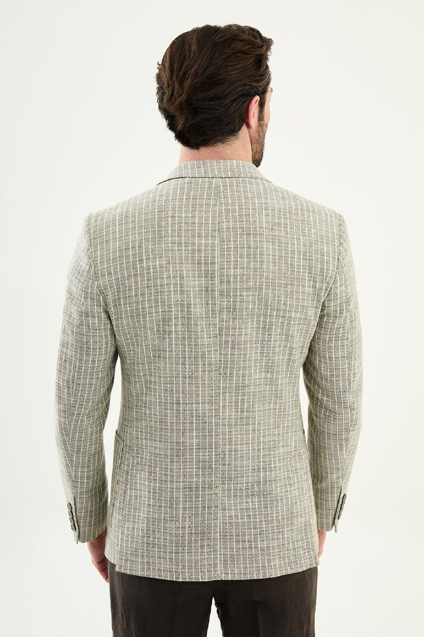 Men’s khaki slim fit cotton linen blazer with a lightweight textured finish, styled for smart casual and formal summer occasions.