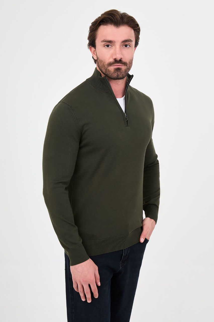 Men's khaki textured crew neck knit sweater for fall winter menswear.