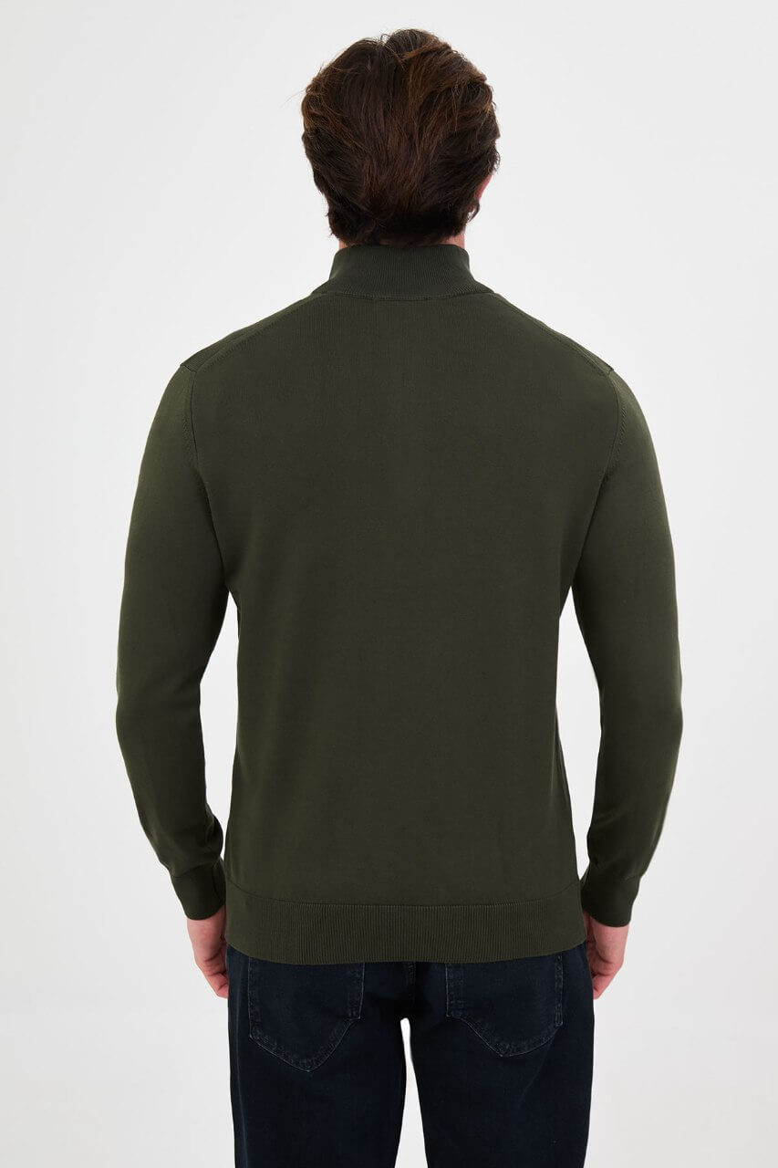 Men's khaki textured crew neck knit sweater for fall winter menswear.