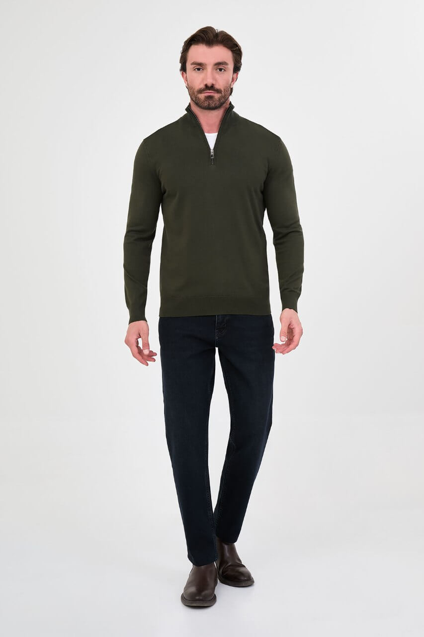 Men's khaki textured crew neck knit sweater for fall winter menswear.