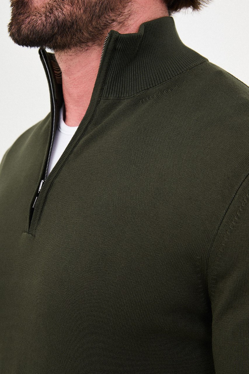 Men's khaki textured crew neck knit sweater for fall winter menswear.