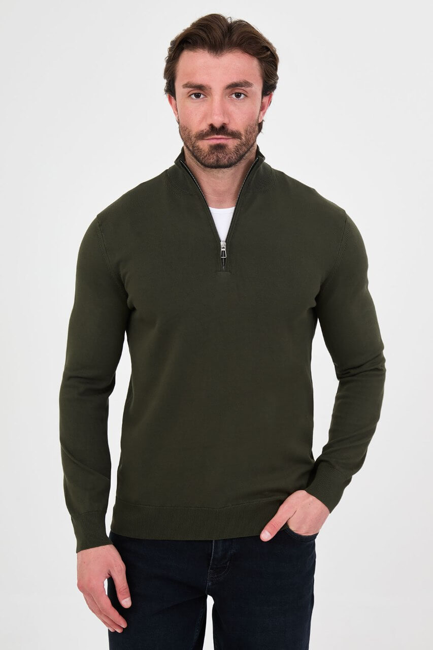 Men's khaki textured crew neck knit sweater for fall winter menswear.