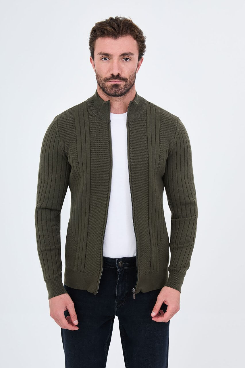 Men’s khaki ribbed knit full-zip mock neck sweater made from cashmere cotton blend for fall winter style