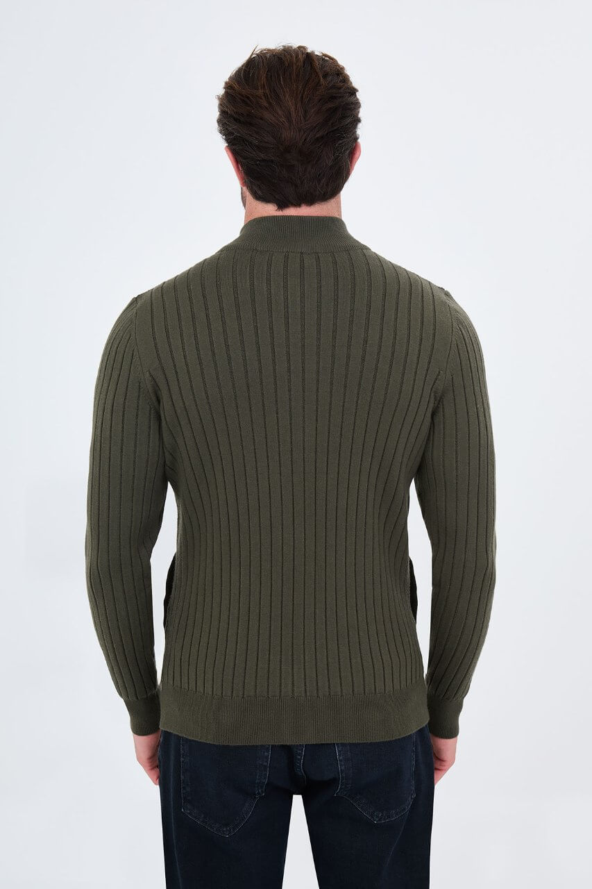 Men’s khaki ribbed knit full-zip mock neck sweater made from cashmere cotton blend for fall winter style