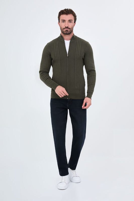 Men’s khaki ribbed knit full-zip mock neck sweater made from cashmere cotton blend for fall winter style