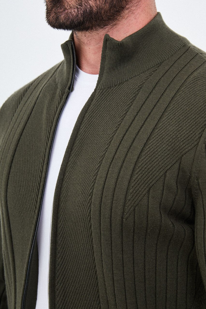 Men’s khaki ribbed knit full-zip mock neck sweater made from cashmere cotton blend for fall winter style