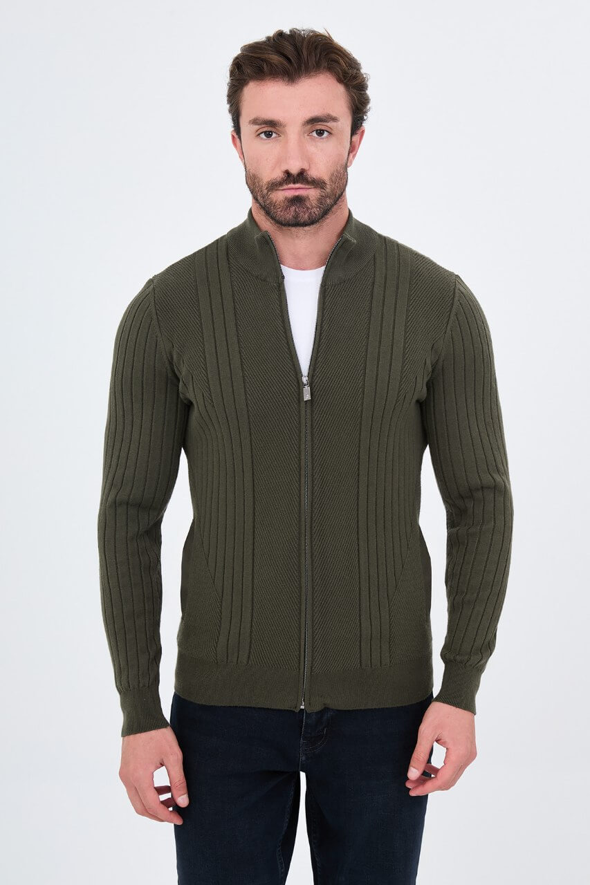Men’s khaki ribbed knit full-zip mock neck sweater made from cashmere cotton blend for fall winter style