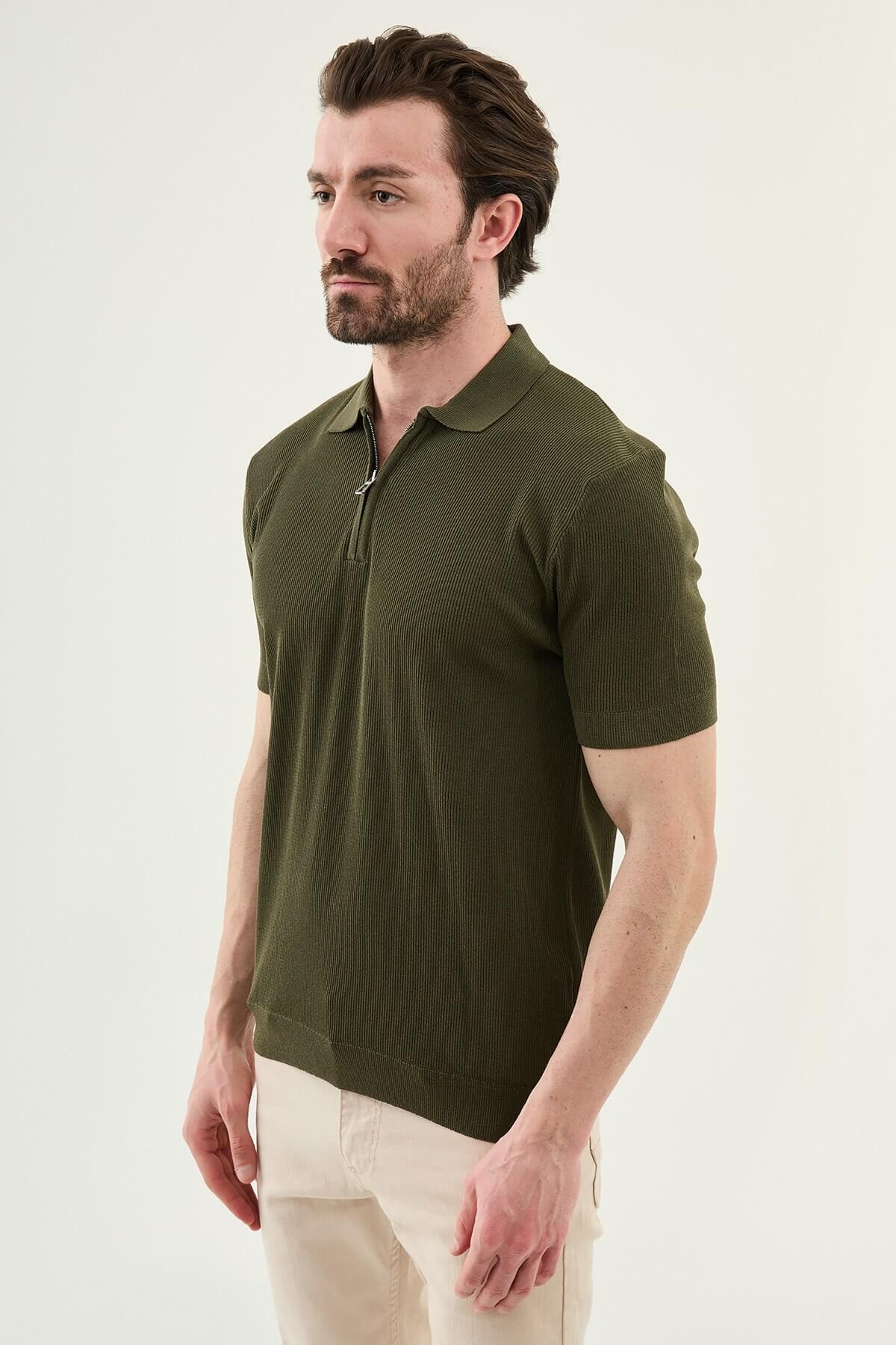 Men’s khaki slim-fit knit polo shirt with classic collar, short sleeves, and textured knit finish for summer smart-casual style.