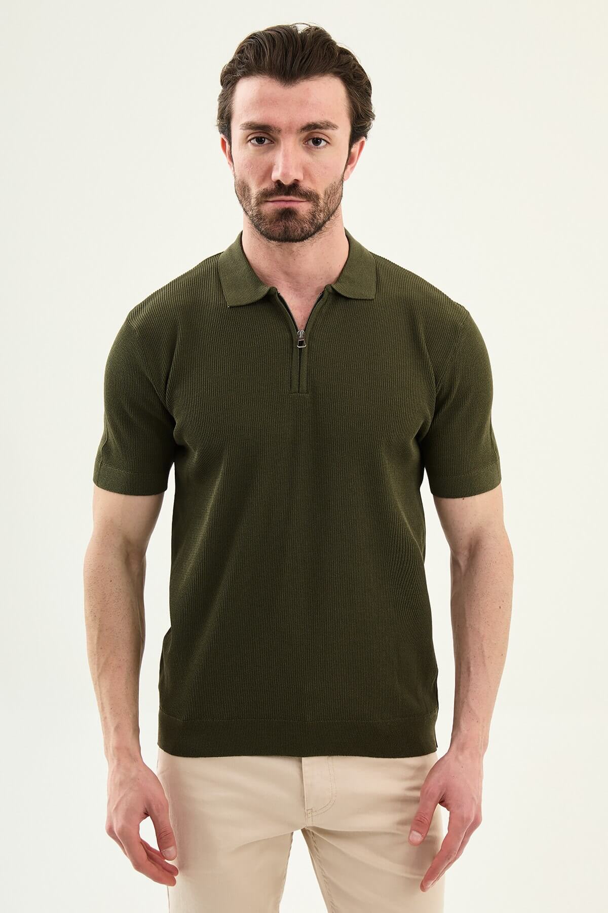 Men’s khaki slim-fit knit polo shirt with classic collar, short sleeves, and textured knit finish for summer smart-casual style.