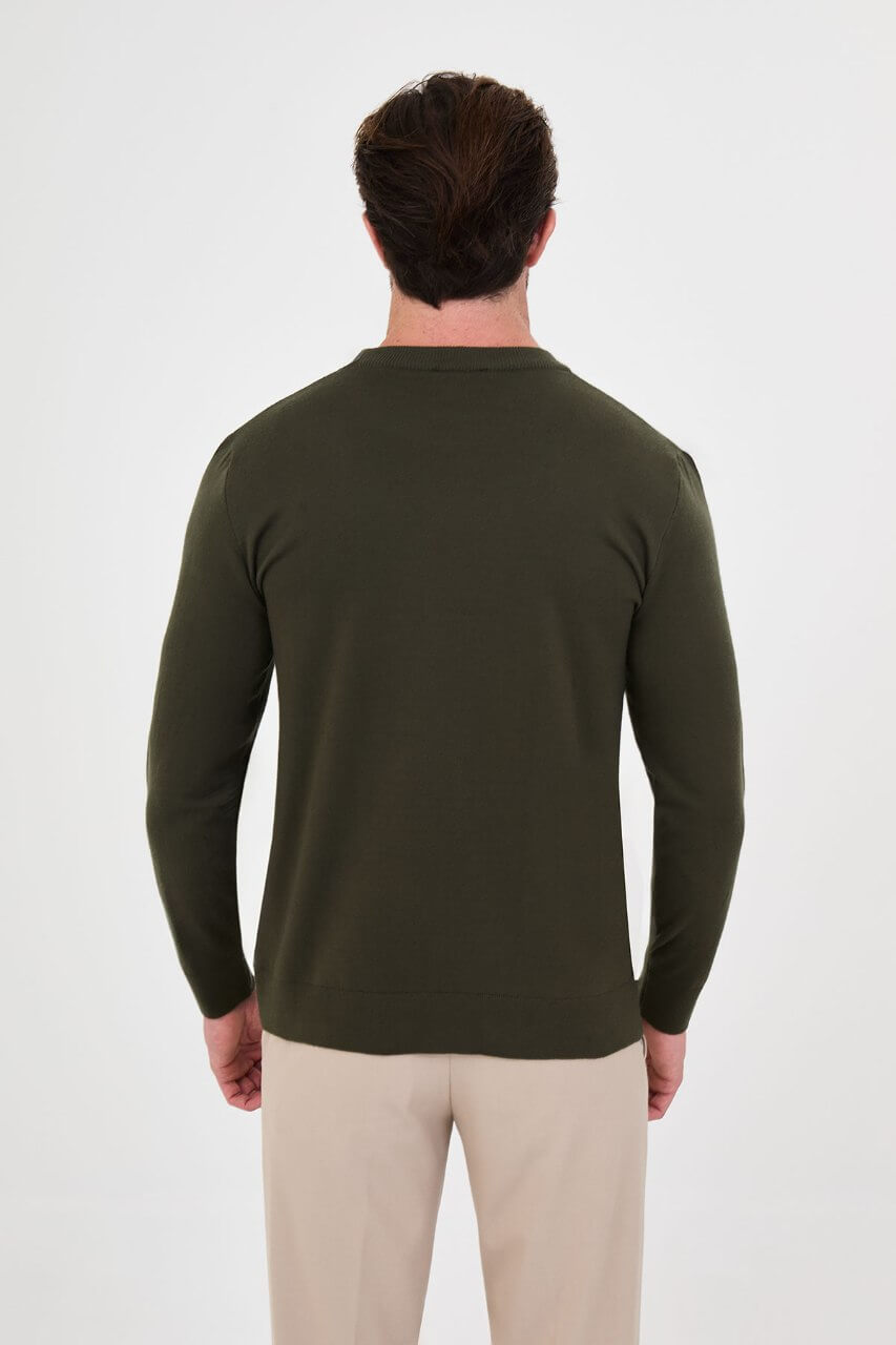 Men's khaki colour-block cashmere crew neck sweater with ecru and grey panels.