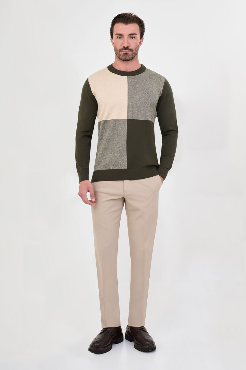 Men's khaki colour-block cashmere crew neck sweater with ecru and grey panels.