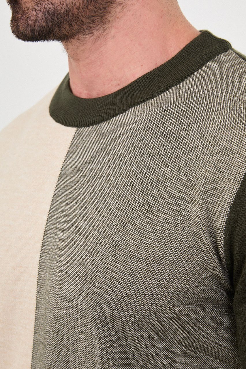 Men's khaki colour-block cashmere crew neck sweater with ecru and grey panels.