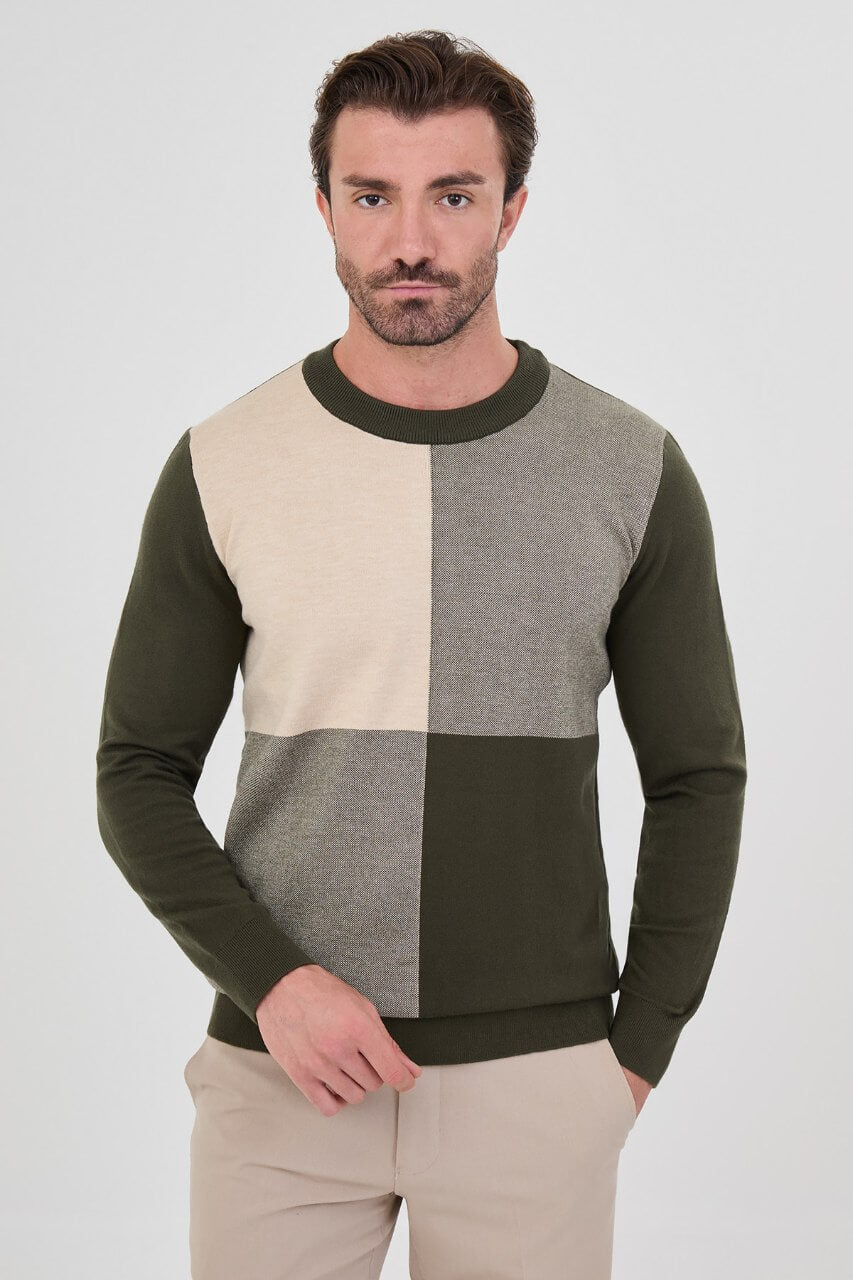 Men's khaki colour-block cashmere crew neck sweater with ecru and grey panels.