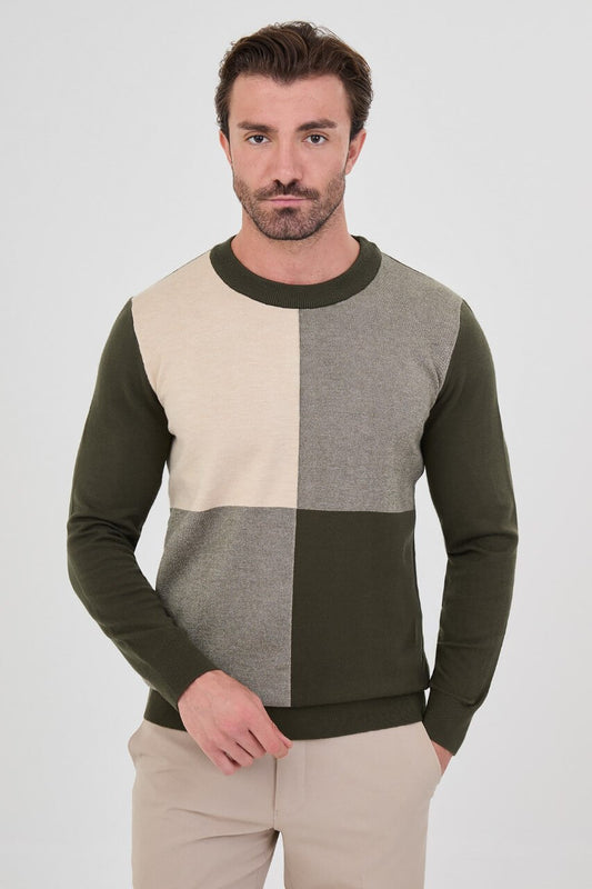 Men's khaki colour-block cashmere crew neck sweater with ecru and grey panels.