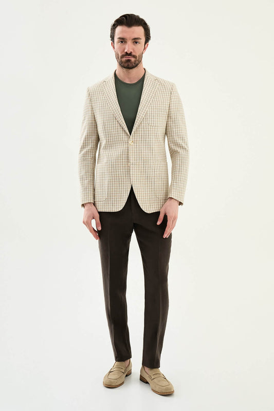 Men’s khaki slim fit cotton linen blazer with a lightweight textured pattern, styled for smart casual and elegant summer occasions.