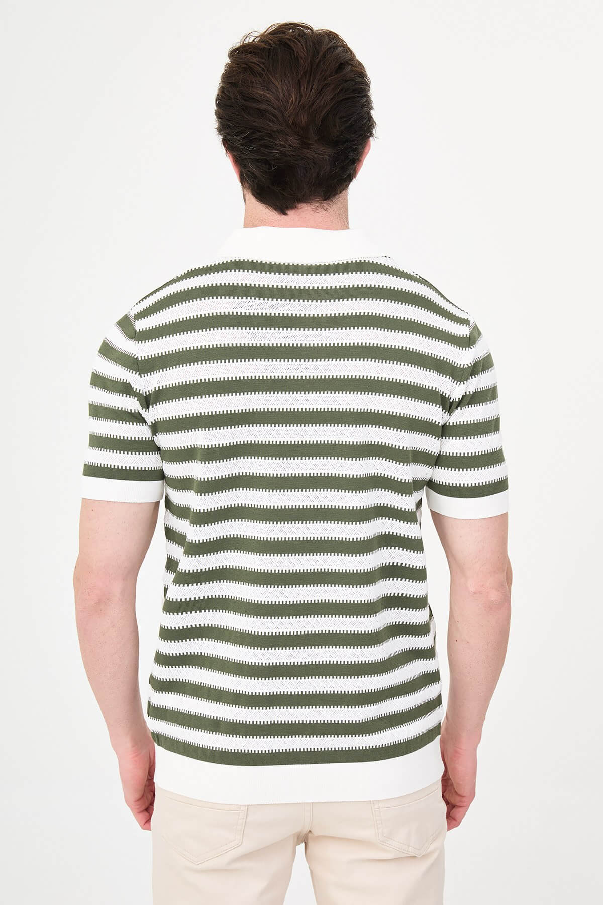 Men’s khaki slim fit lapel collar knitwear polo T-shirt with short sleeves, styled for smart-casual summer outfits.