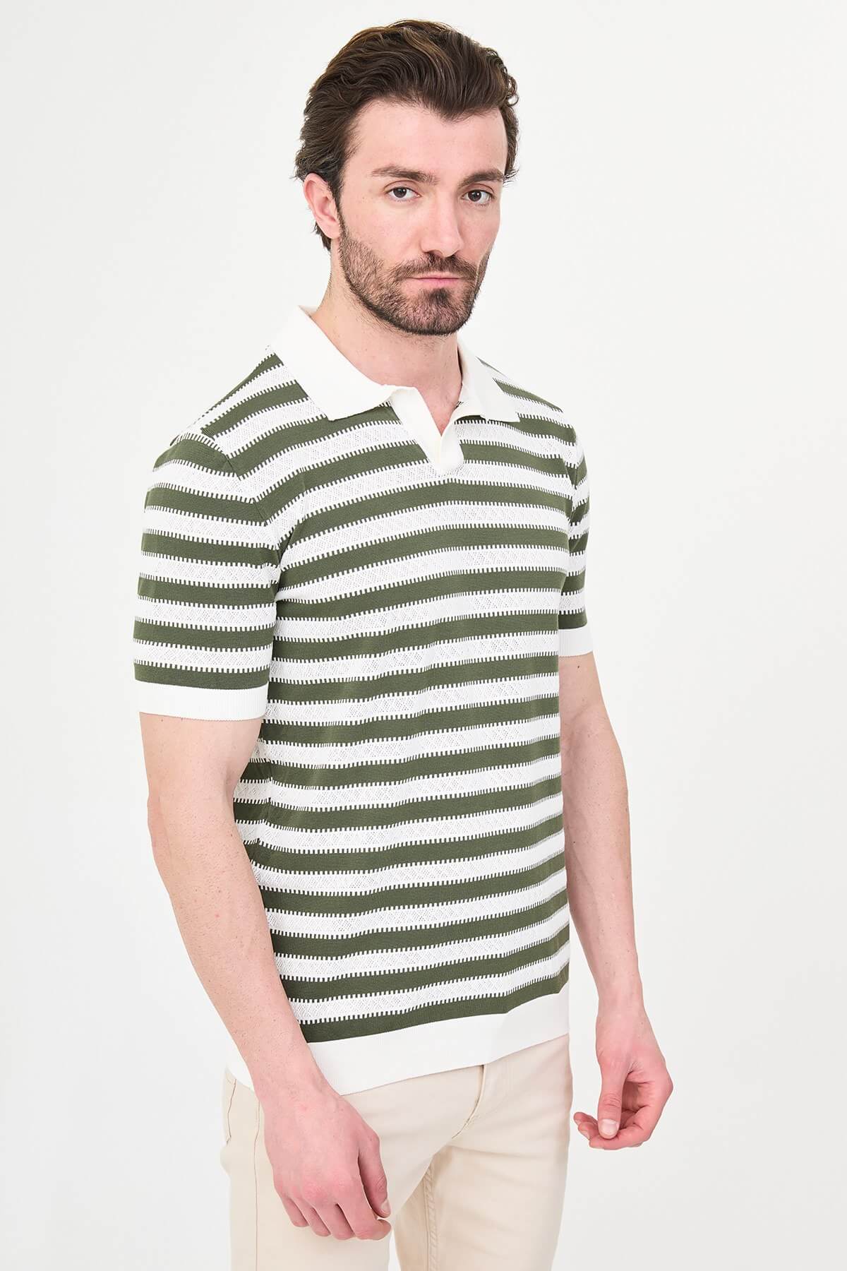 Men’s khaki slim fit lapel collar knitwear polo T-shirt with short sleeves, styled for smart-casual summer outfits.
