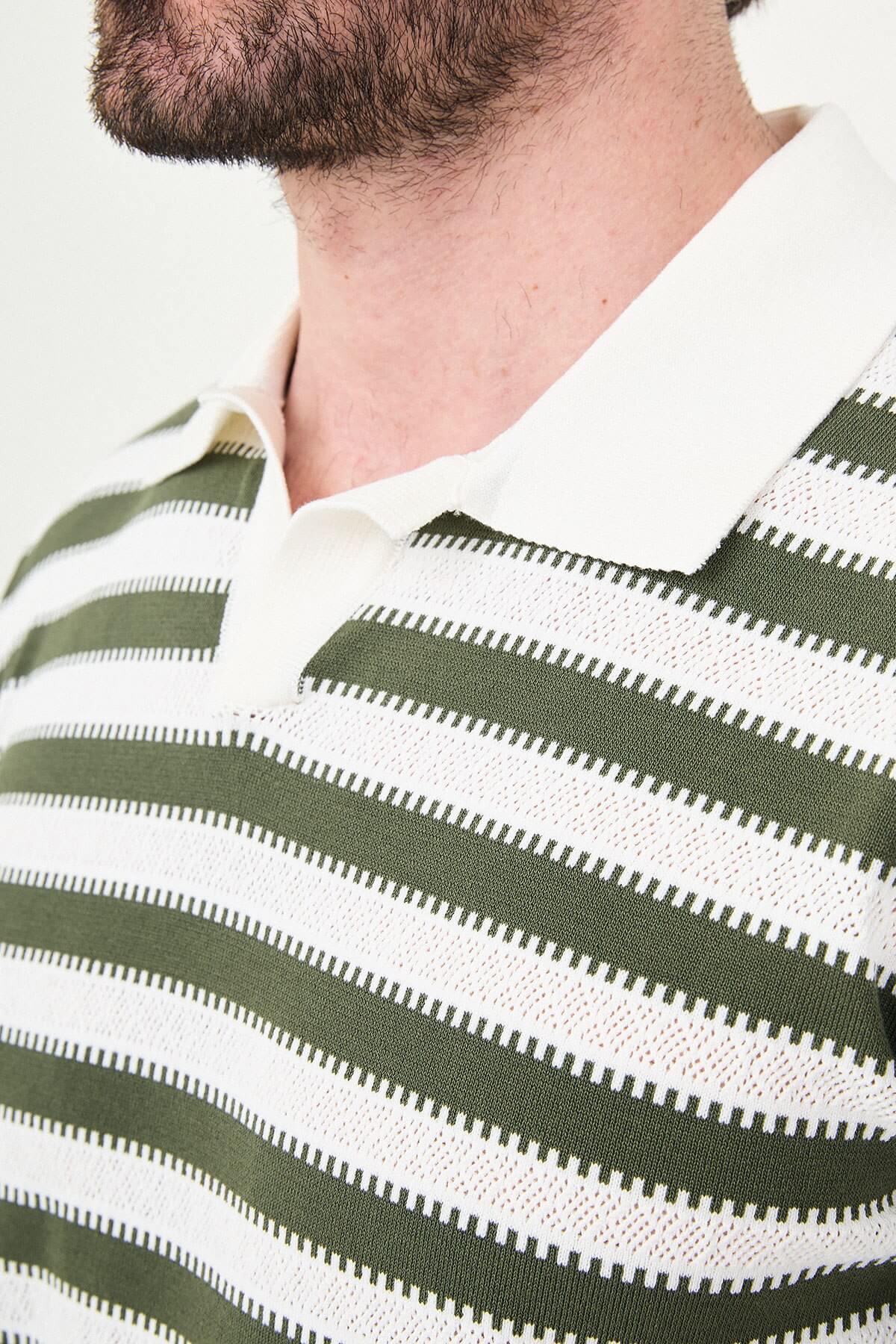 Men’s khaki slim fit lapel collar knitwear polo T-shirt with short sleeves, styled for smart-casual summer outfits.