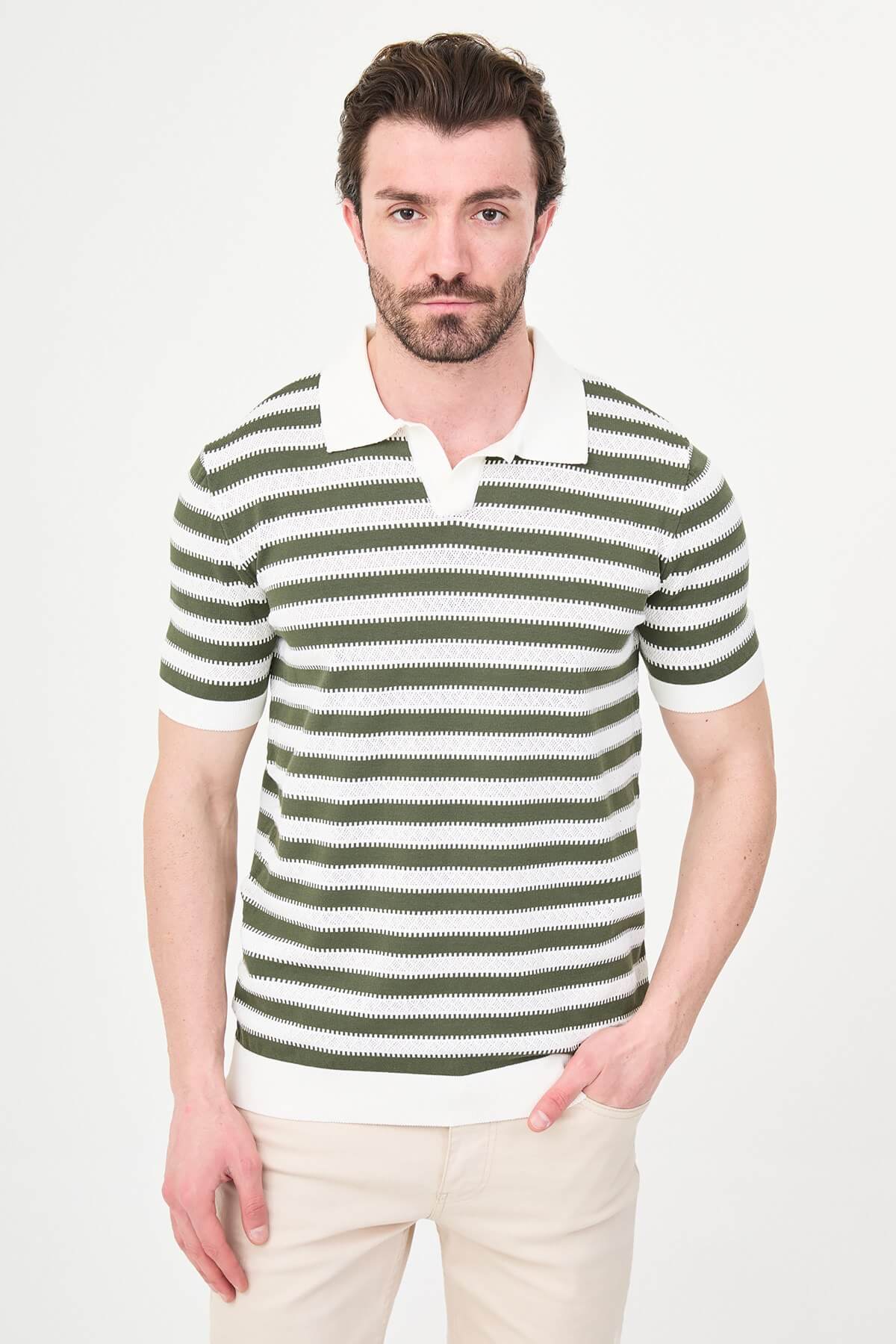 Men’s khaki slim fit lapel collar knitwear polo T-shirt with short sleeves, styled for smart-casual summer outfits.