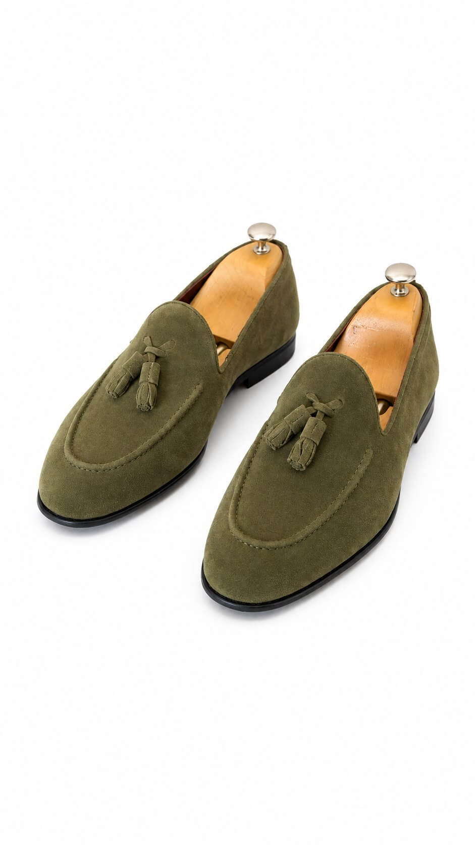 Pair of men's khaki suede loafers, smart casual slip-on shoes, full view