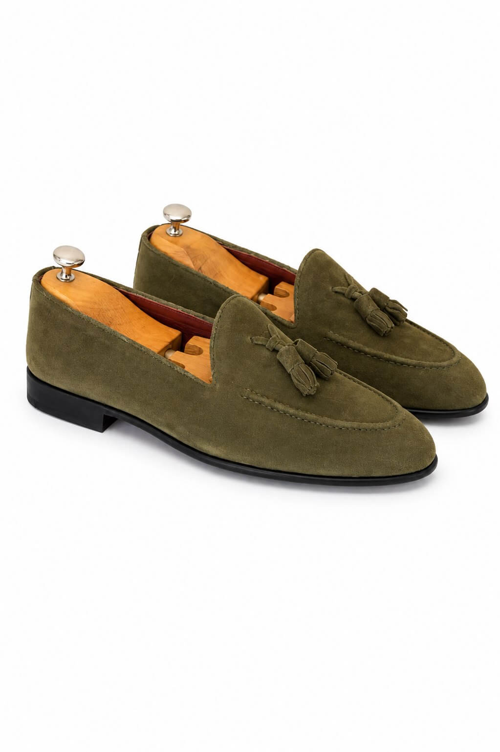 Khaki suede loafer for men, top view of suede vamp and slip-on profile