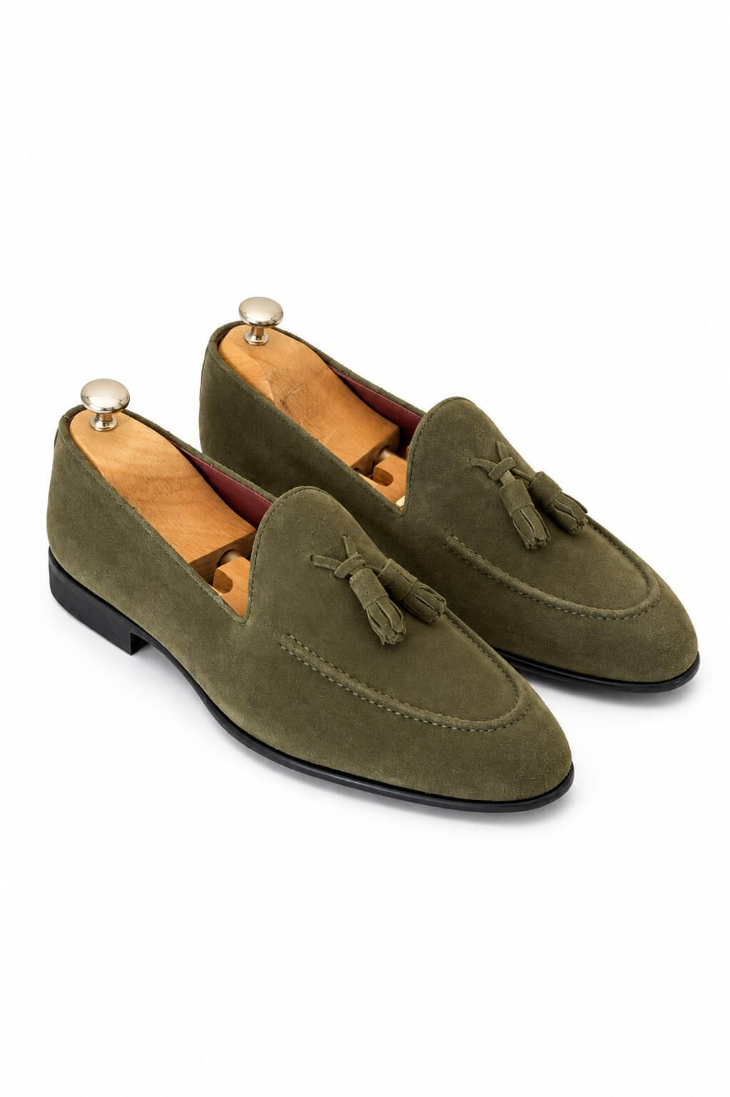 Men's khaki suede loafer, slip-on style, side view