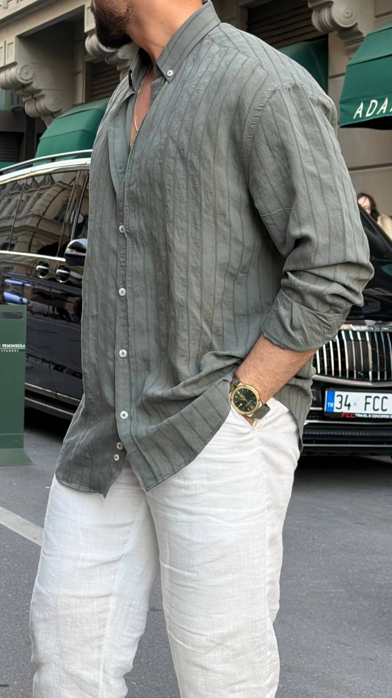 Khaki striped modal-blend shirt with soft texture, side view