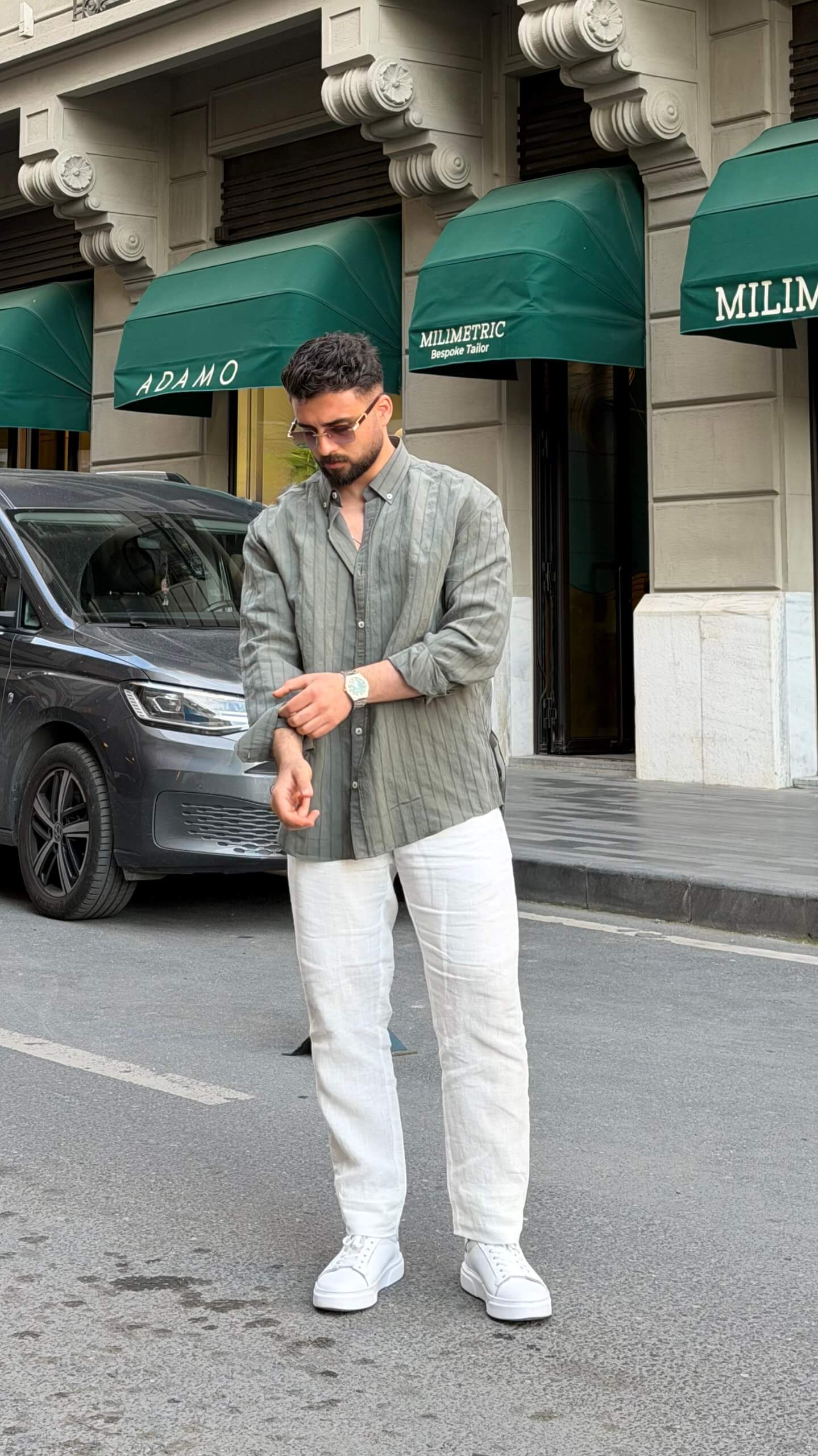 Khaki linen-look striped shirt, close-up of vertical stripe detail