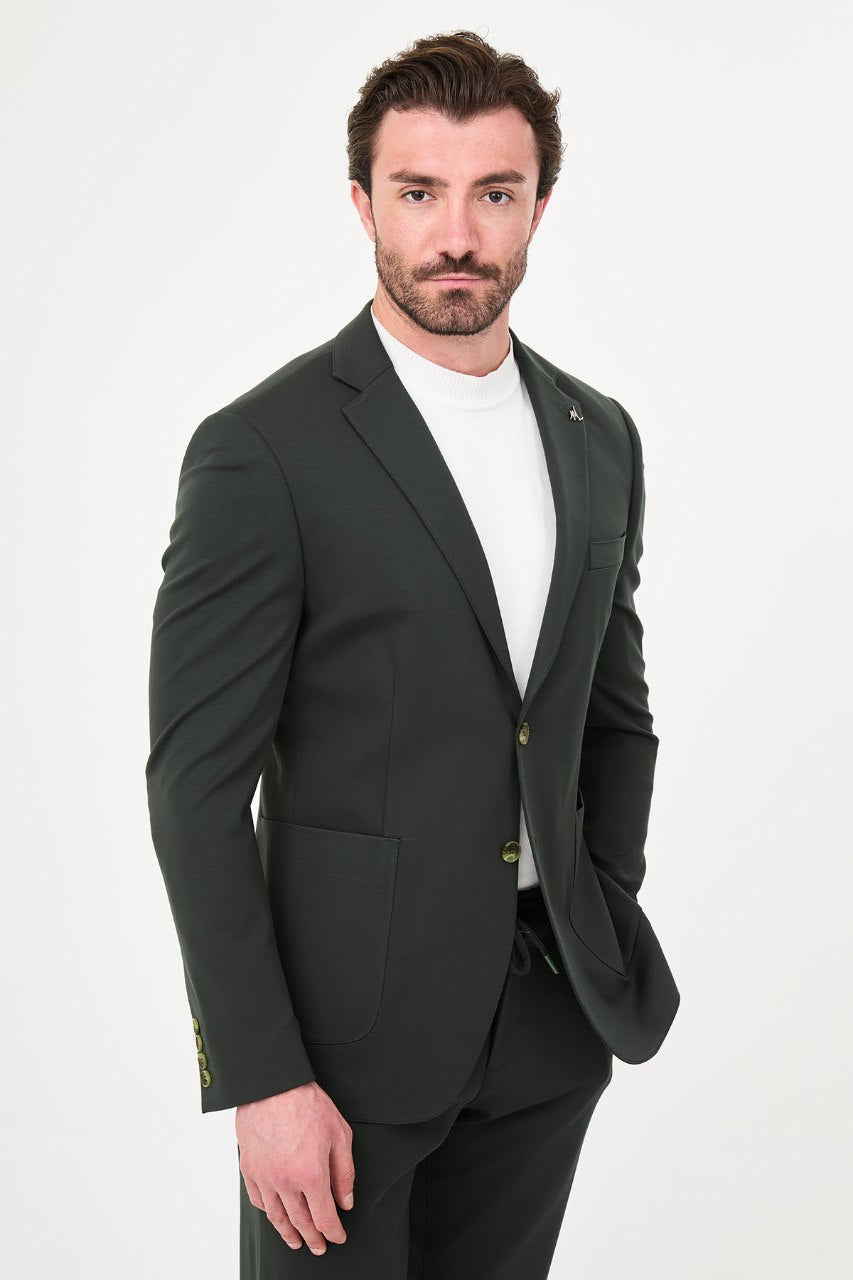 Men's khaki green slim-fit casual suit featuring a two-button blazer, notch lapels and matching trousers