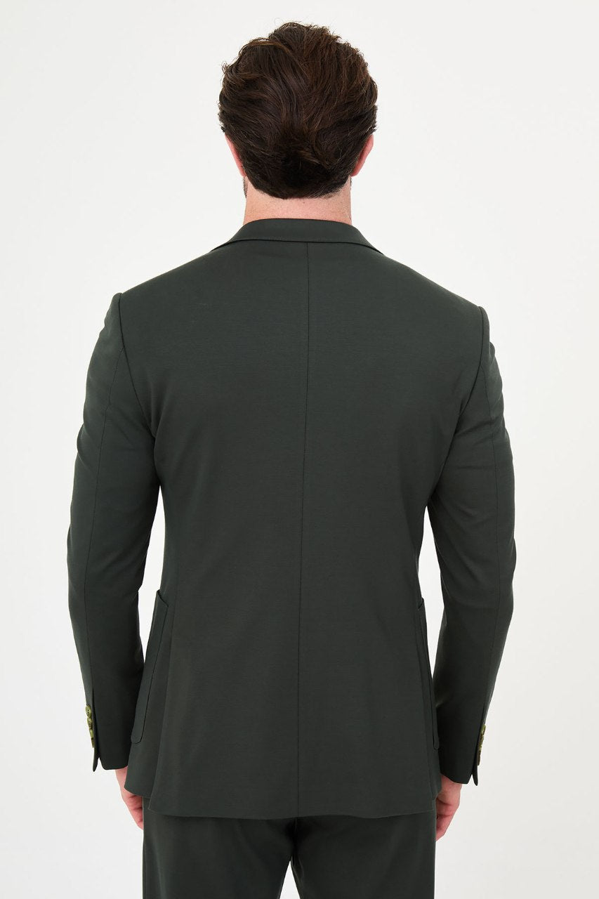 Men's khaki green slim-fit casual suit featuring a two-button blazer, notch lapels and matching trousers