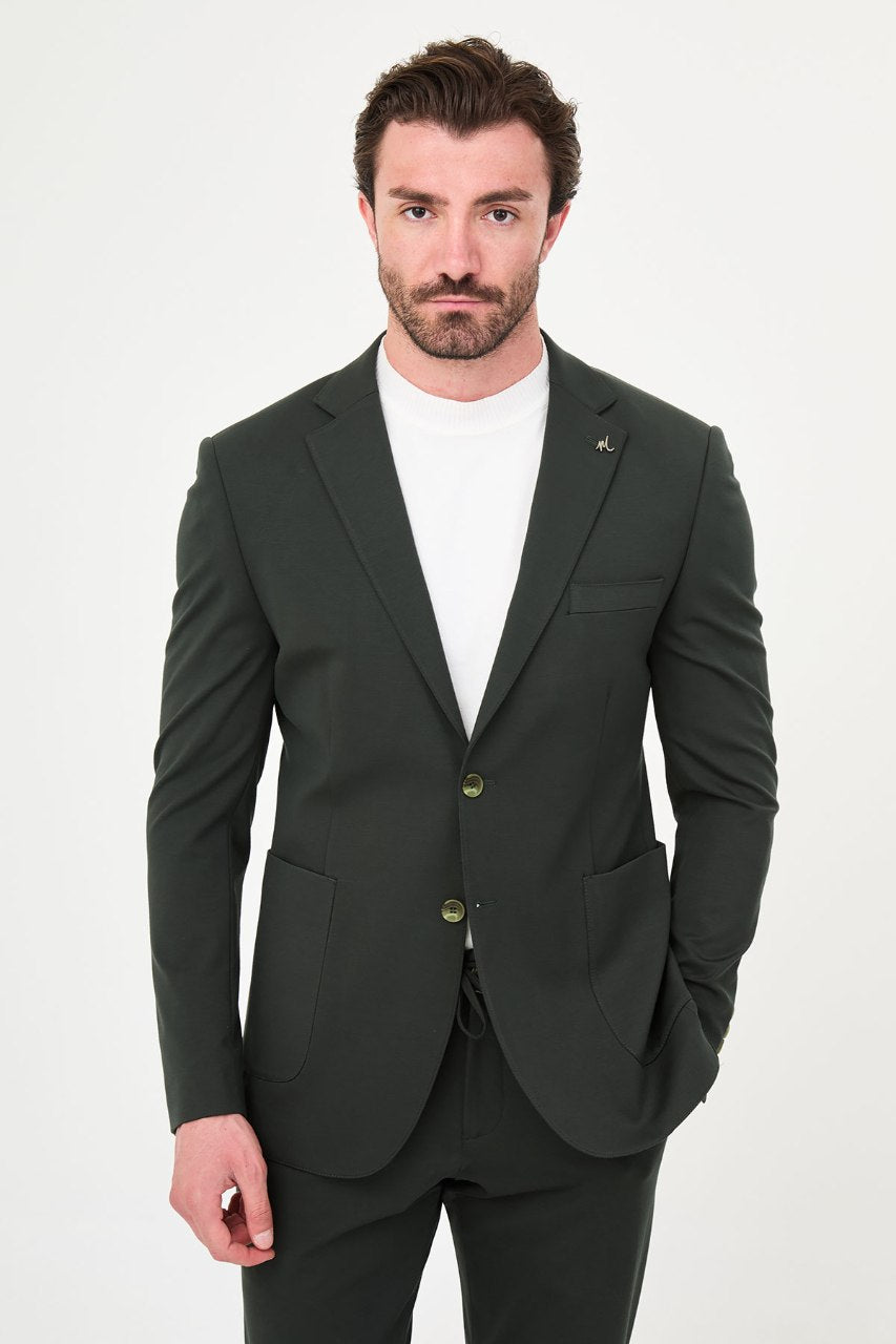 Men's khaki green slim-fit casual suit featuring a two-button blazer, notch lapels and matching trousers