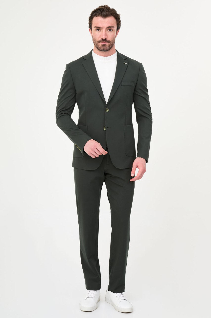 Men's khaki green slim-fit casual suit featuring a two-button blazer, notch lapels and matching trousers