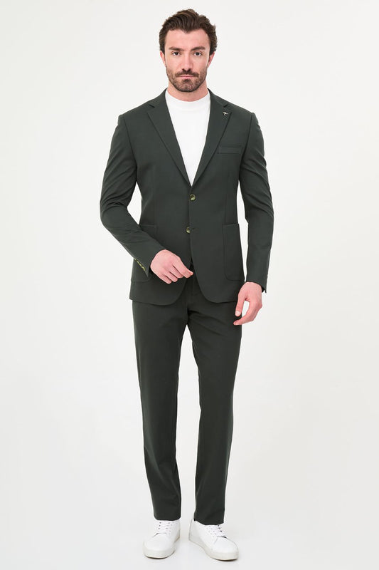 Men's khaki green slim-fit casual suit featuring a two-button blazer, notch lapels and matching trousers
