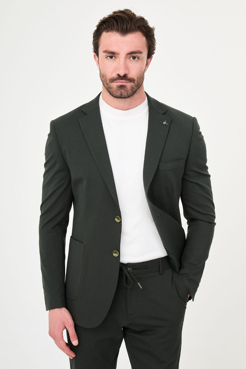 Men's khaki green slim-fit casual suit featuring a two-button blazer, notch lapels and matching trousers