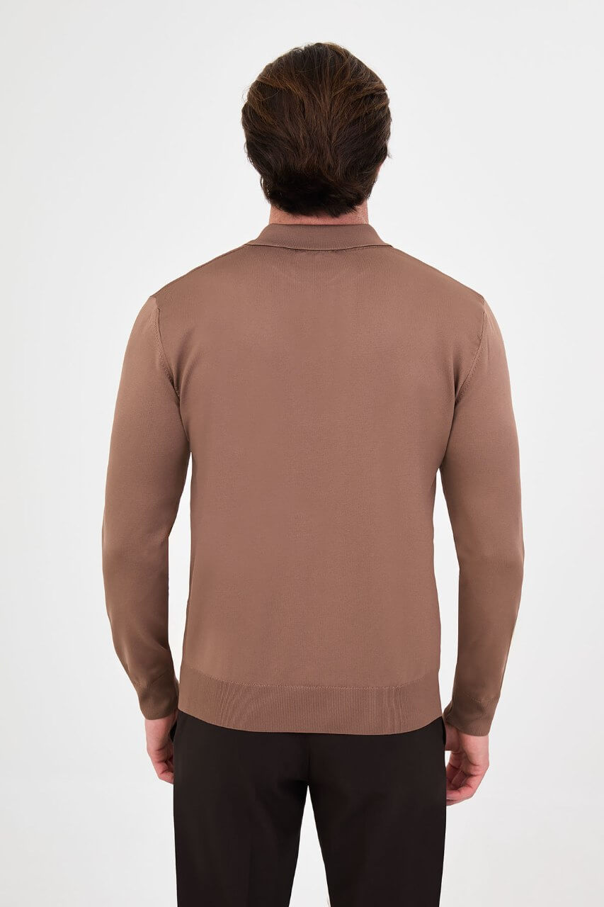 Men's light brown long-sleeve knit polo shirt with three-button placket by HolloMen.