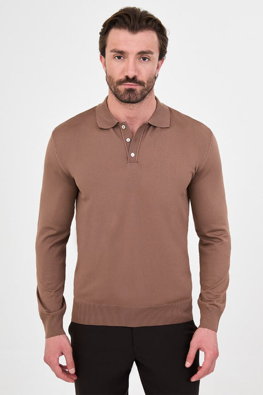 Men's light brown long-sleeve knit polo shirt with three-button placket by HolloMen.