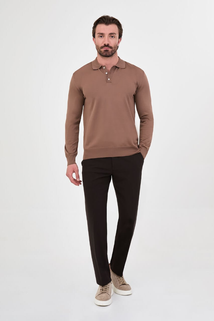 Men's light brown long-sleeve knit polo shirt with three-button placket by HolloMen.