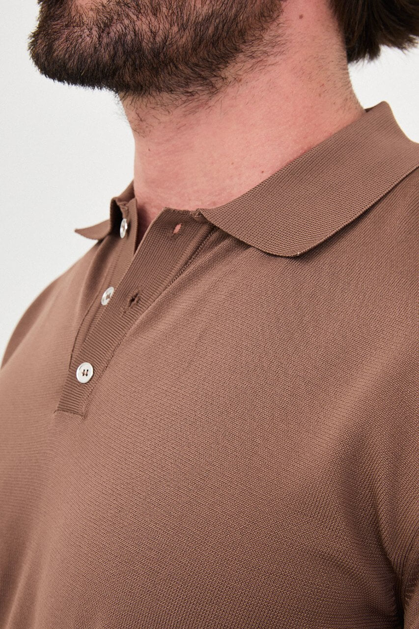 Men's light brown long-sleeve knit polo shirt with three-button placket by HolloMen.