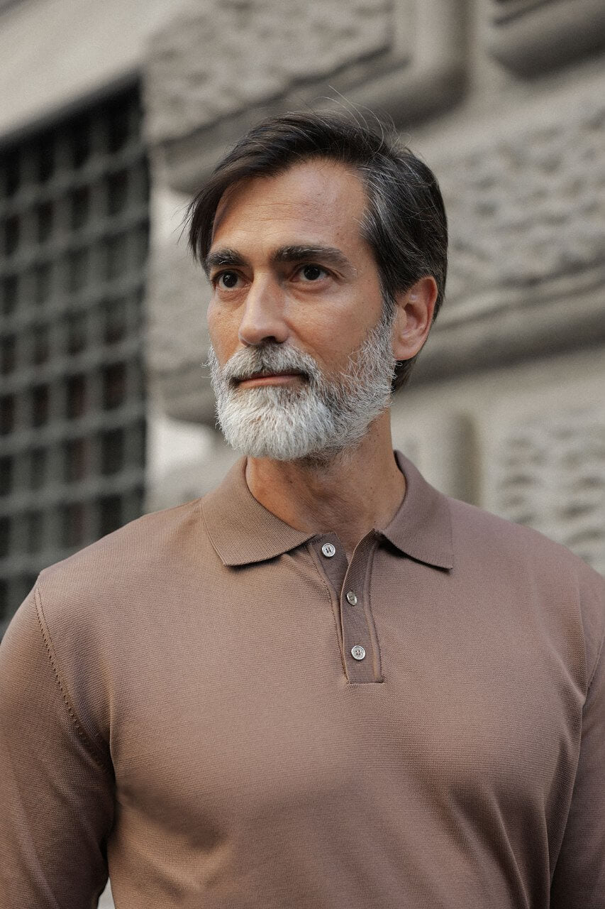 Men's light brown long-sleeve knit polo shirt with three-button placket by HolloMen.