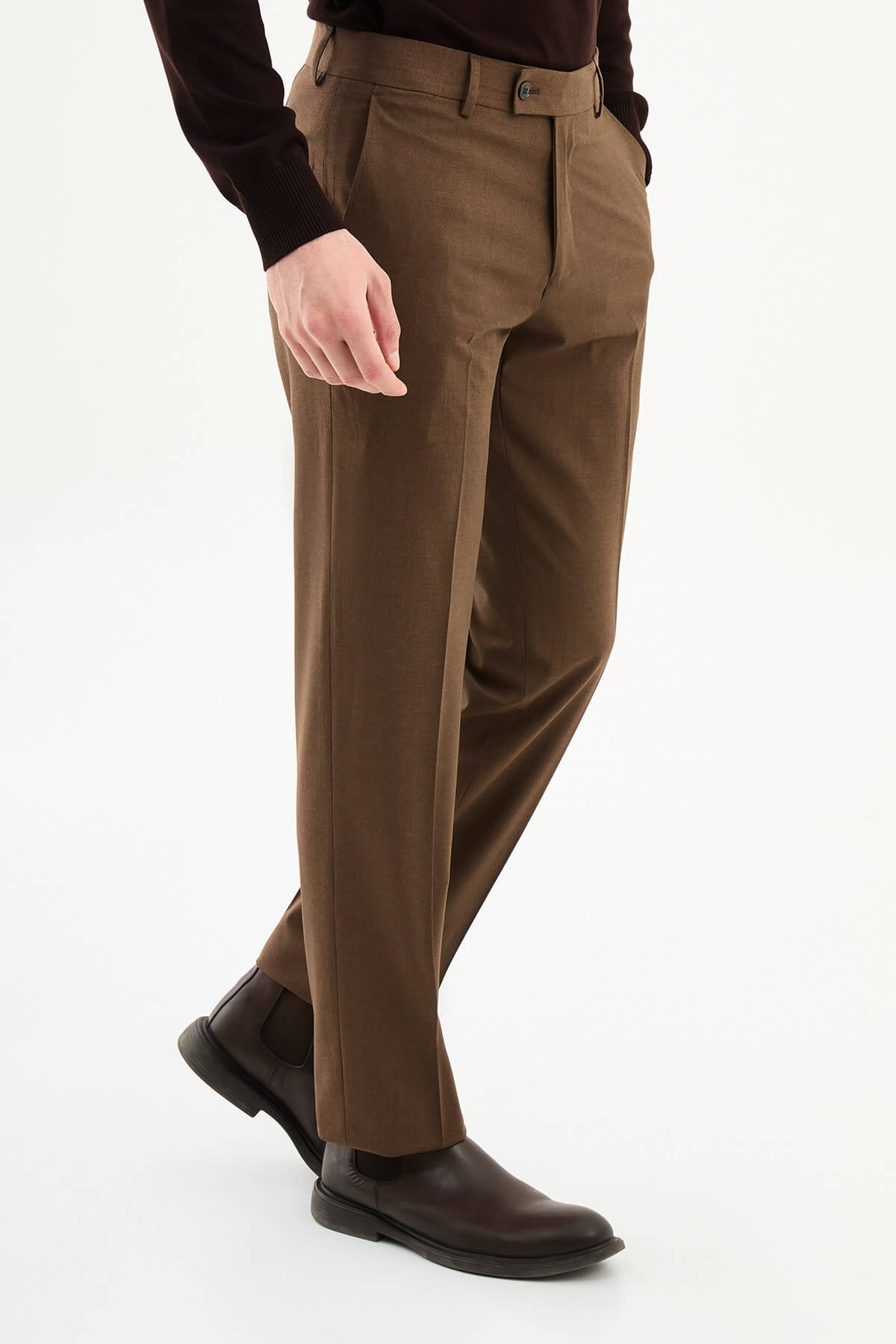 Men wearing light brown slim-fit formal trousers paired with brown dress shoes, styled for office and formal summer events.