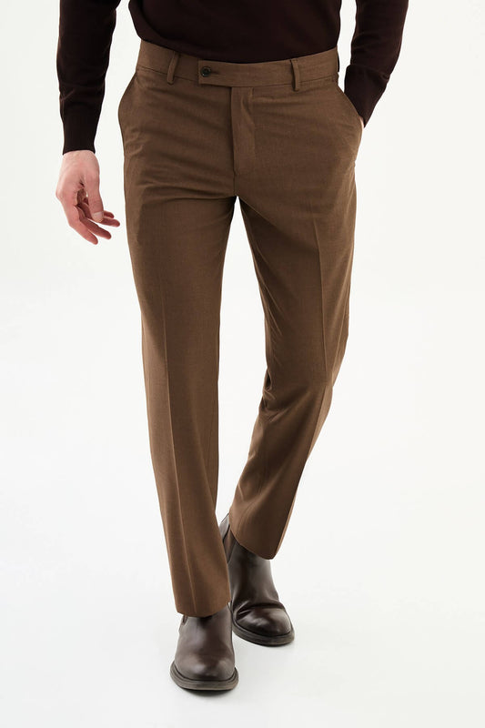 Men wearing light brown slim-fit formal trousers paired with brown dress shoes, styled for office and formal summer events.