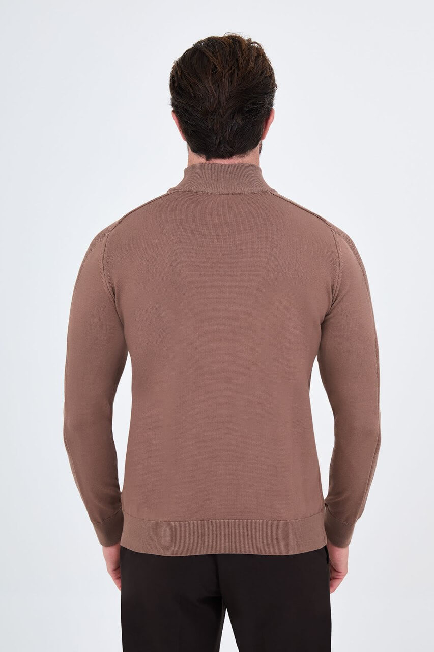 Men's light brown slim fit mock neck sweater cotton knit pullover for fall winter smart casual style
