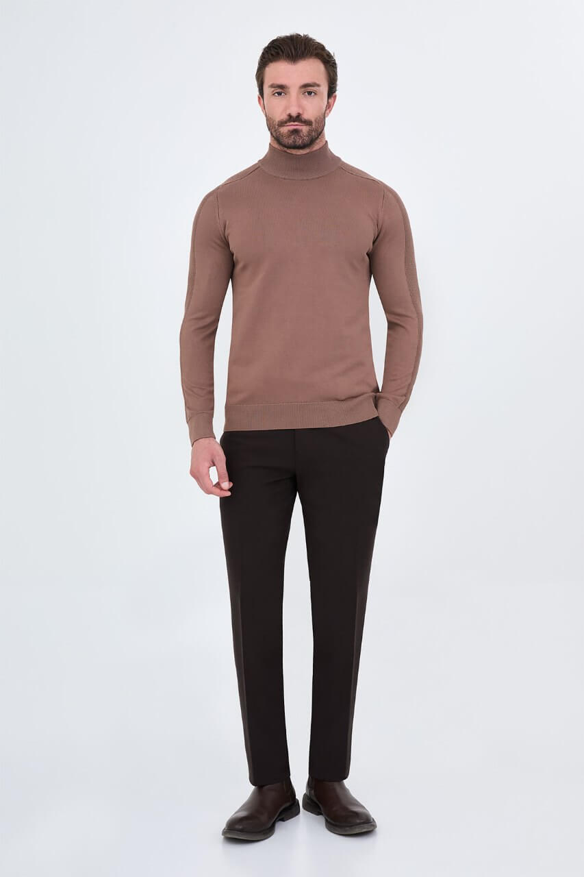 Men's light brown slim fit mock neck sweater cotton knit pullover for fall winter smart casual style