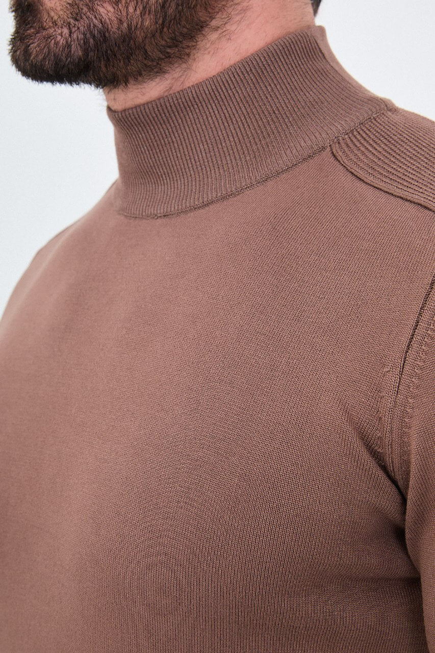 Men's light brown slim fit mock neck sweater cotton knit pullover for fall winter smart casual style