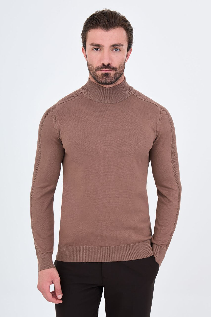 Men's light brown slim fit mock neck sweater cotton knit pullover for fall winter smart casual style
