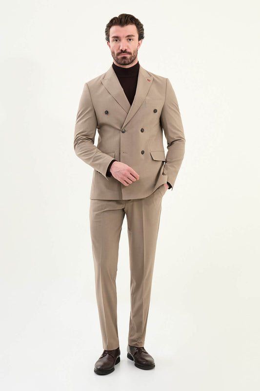Men’s light brown sandstone slim-fit double-breasted 6x2 suit with peak lapels, cotton-wool-viscose blend with 4-way stretch for wrinkle-resistant wear, styled with a tonal brown turtleneck.